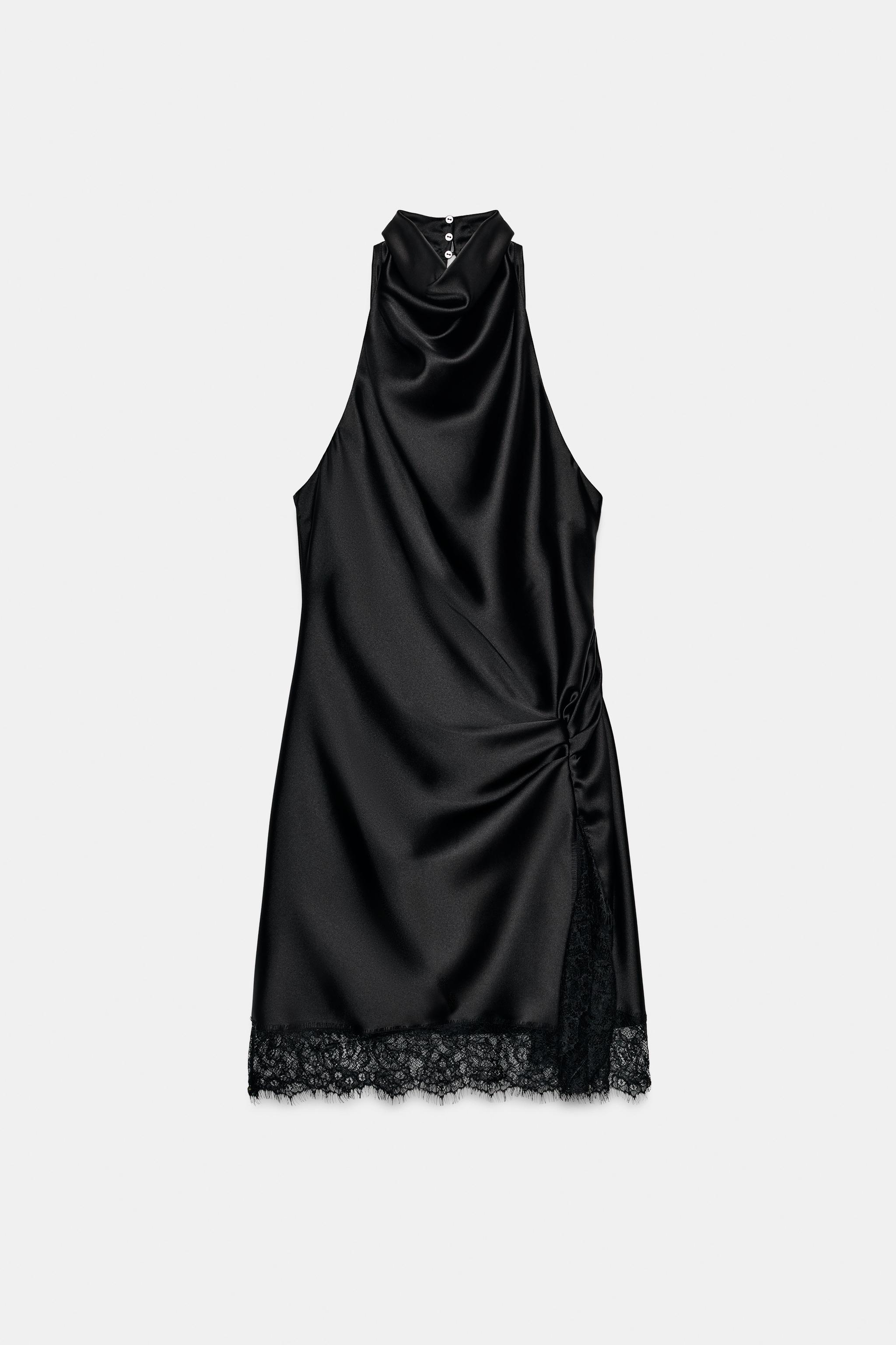 SATIN LACE HALTER DRESS